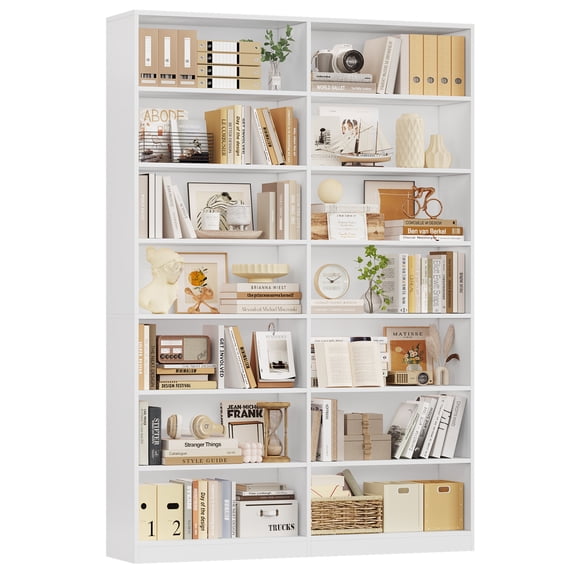 Hiphuta 84" Tall Double Wide 7-Tier Bookcase with 14 Cubes, Large Open Bookcase for Home Office and Living Room, Freestanding Display Book Shelves, White