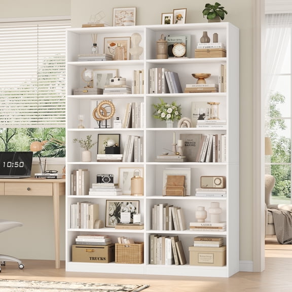Hiphuta 84" Tall Double Wide 7-Tier Bookcase with 14 Cubes, Large Open Bookcase for Home Office and Living Room, Freestanding Display Book Shelves, White