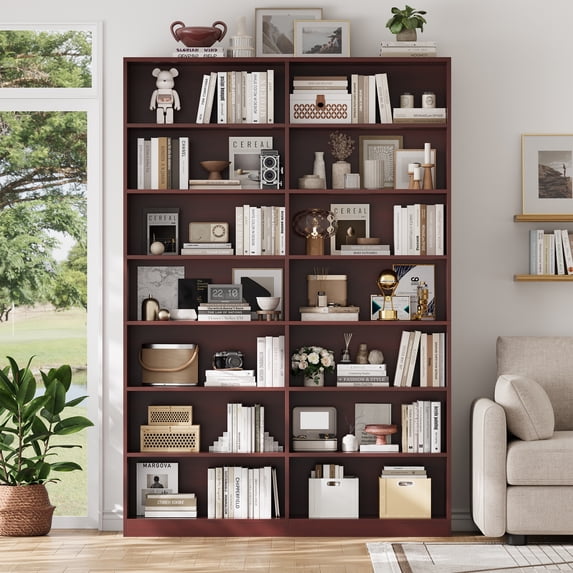Hiphuta 84"H Double Wide 7-Tier Bookcase, Large Modern Bookcase with 14 Cubes for Home Office and Living Room, Freestanding Display Book Shelves, Cherry