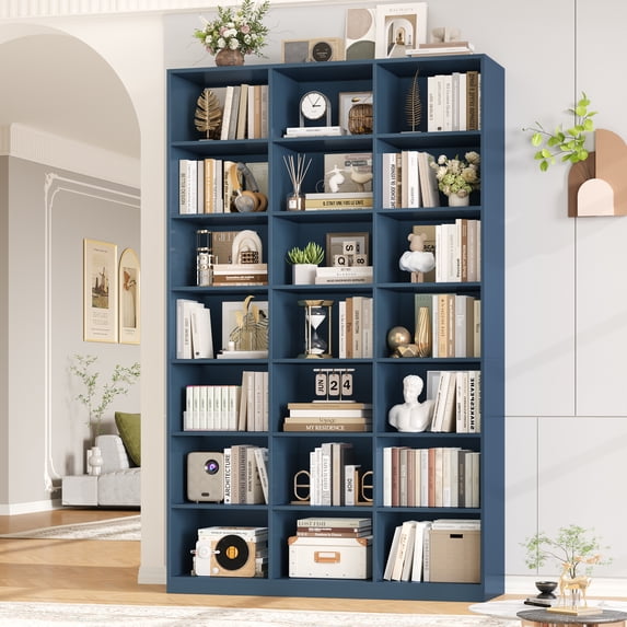 Hiphuta 86"H x 47"W Wood Triple 7-Tier Standard Bookcase, Tall Bookcase for Bedroom, Living Room and Office, Freestanding 21 Cubes Display Storage Shelves, Blue