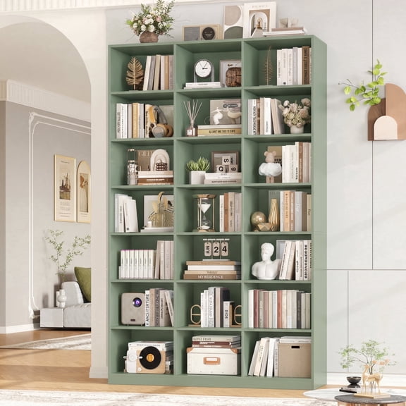 Hiphuta 21-Cube Bookcase, 86"H Tall Wooden Bookshelves for Bedroom, Living Room and Office, Freestanding Display Shelves Cube Organizer, Green