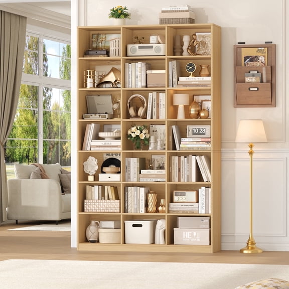 Hiphuta 21-Cube Bookcase, 86"H Tall Wooden Bookshelves for Bedroom, Living Room and Office, Freestanding Display Shelves Cube Organizer, Natural