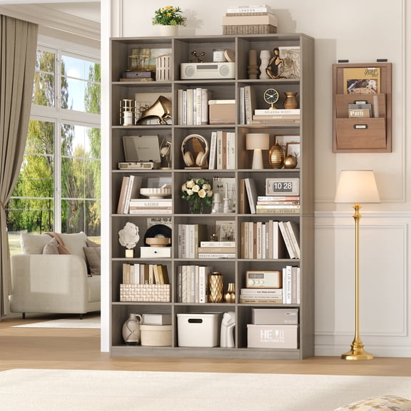 Hiphuta 86"H x 47"W Wood Triple 7-Tier Standard Bookcase, Tall Bookcase for Bedroom, Living Room and Office, Freestanding 21 Cubes Display Storage Shelves, Ash Gray