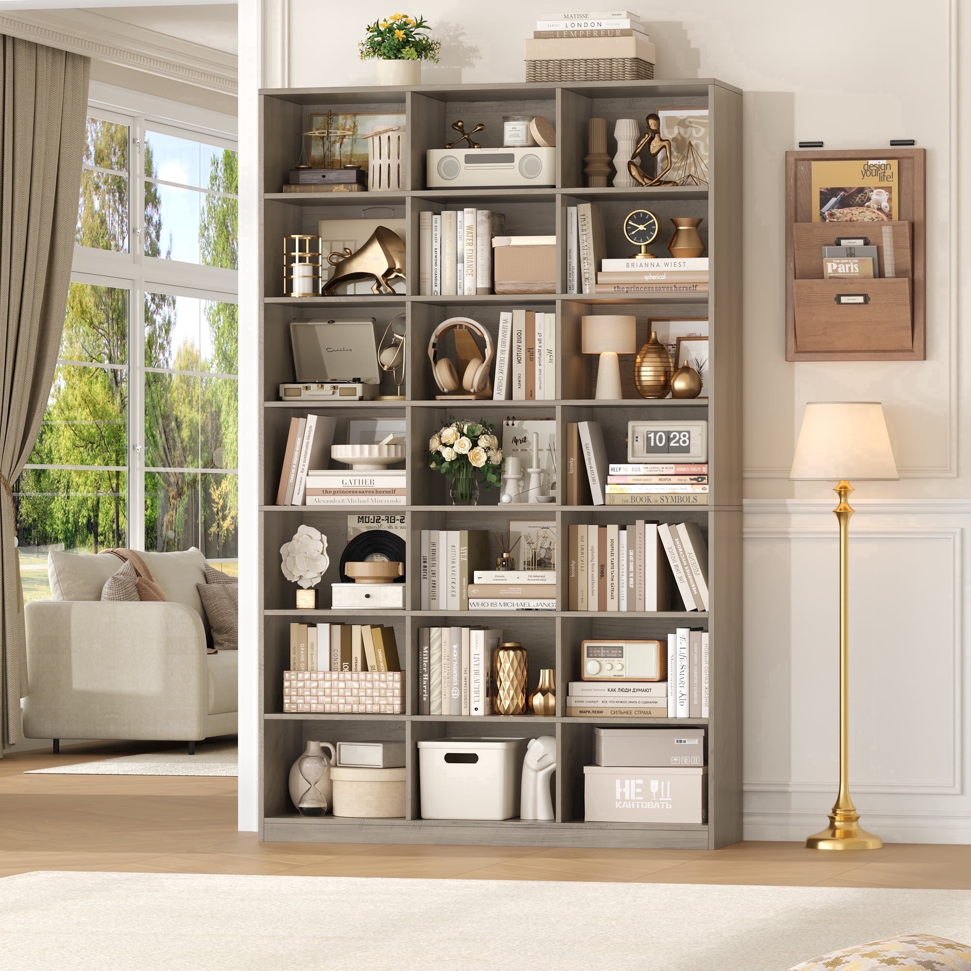 Hiphuta 21-Cube Bookcase, 86"H Tall Wooden Bookshelves for Bedroom, Living Room and Office, Freestanding Display Shelves Cube Organizer, Ash Gray
