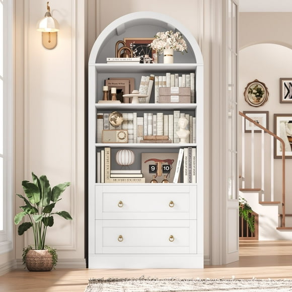 Hiphuta 70"Tall Arched Bookcase, 4-Tier Bookshelves with 2 Large Drawers, Wooden Display Shelf with Storage for Living Room Home Office, White