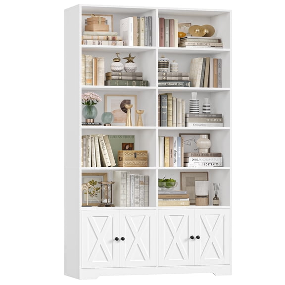 Hiphuta 78"H x 47"W Bookcase with Doors, Tall Bookshelves with Storage, 5-Tier Shelves Freestanding Display Bookcase for Home Office and Living Room, White
