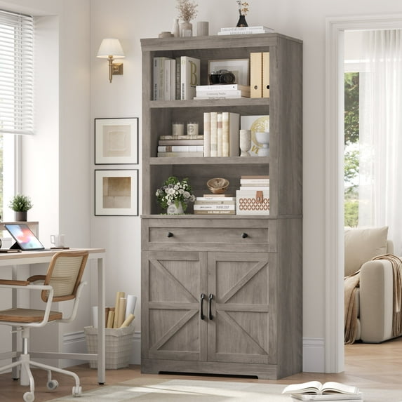 Hiphuta Bookcase with Doors, 71.6"Tall bookshelves with Storage, 5 Shelf Display Storgae Shelves, Bookshelves and Bookcases with 2 Doors for Home Office, Living Room, Bedroom, Ash Gray