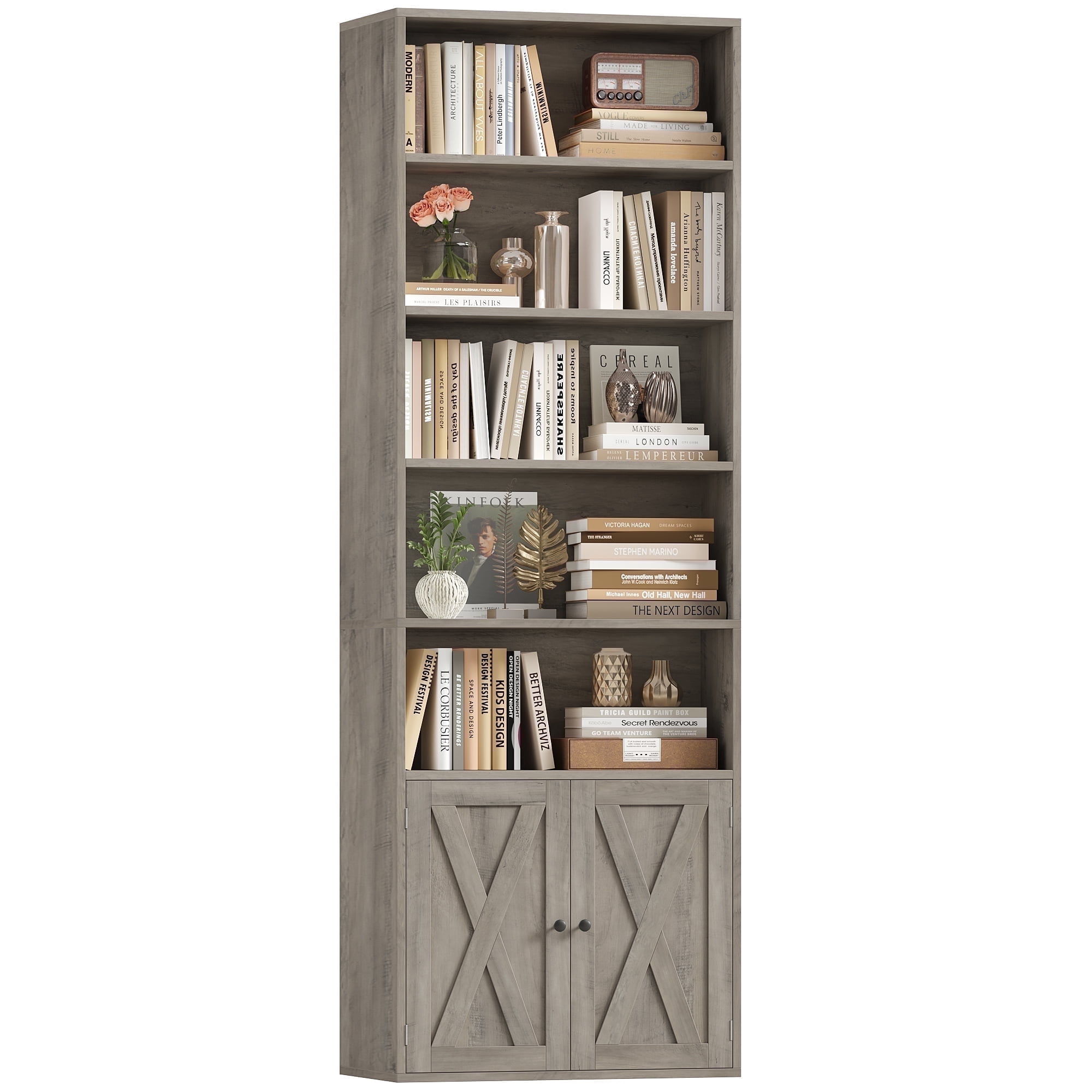 Hiphuta 81.5" Tall Bookcase with Doors, 5-Tier Bookshelves with Storage, 23.6"W Display Shelf with 2 Doors for Home Office, Living Room, Ash Grey