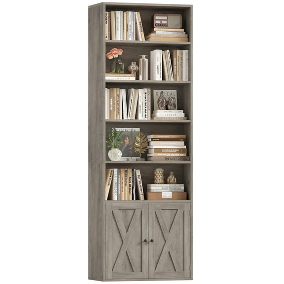 Hiphuta 81.5" Tall Bookcase with Doors, 5-Tier Bookshelves with Storage, 23.6"W Display Shelf with 2 Doors for Home Office, Living Room, Ash Gray