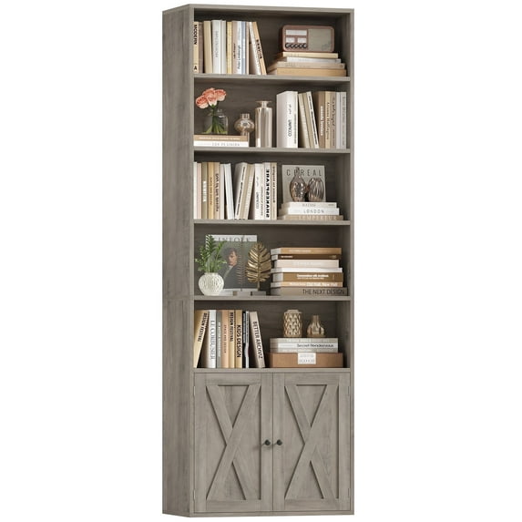 Hiphuta 81.5" Tall Bookcase with Doors, 5-Tier Bookshelves with Storage, 23.6"W Display Shelf with 2 Doors for Home Office, Living Room, Ash Gray