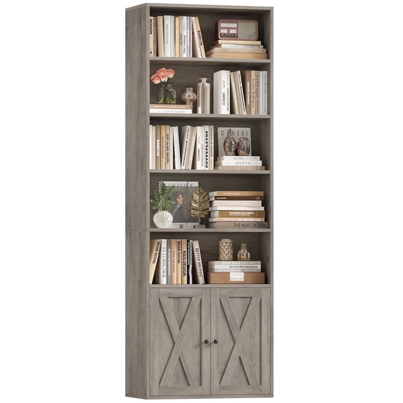 Hiphuta 82.3" Tall Bookcase with Doors, 5-Tier Bookshelves with Storage, 23.6"W Display Shelf with 2 Doors for Home Office, Living Room, Ash Grey