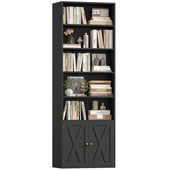 Hiphuta 81.5" Tall Bookcase with Doors, 5-Tier Bookshelves with Storage, 23.6"W Display Shelf with 2 Doors for Home Office, Living Room, Black