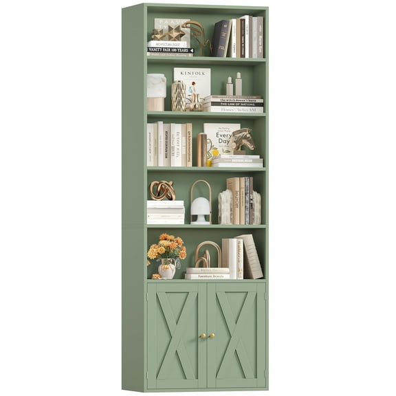 Hiphuta 81.5" Tall Bookcase with Doors, 5-Tier Bookshelves with Storage, 23.6"W Display Shelf with 2 Doors for Home Office, Living Room, Green