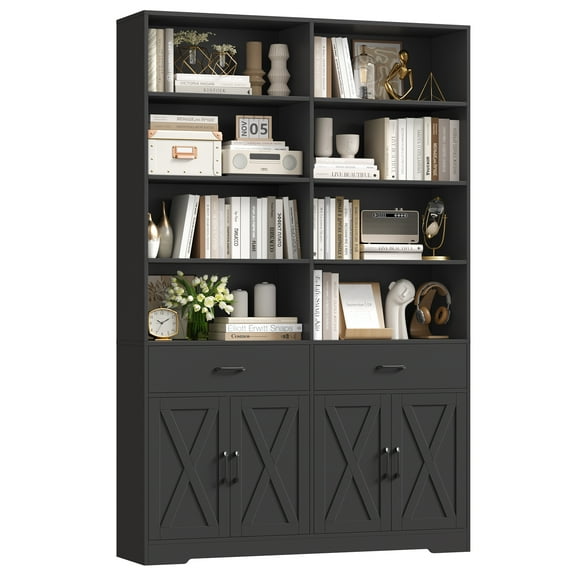 Hiphuta 78" Tall Double Row Bookcase with 2 Drawers, Farmhouse Large Bookshelf with Cabinet, Storage Bookcase with Doors for Office Living Room, Black