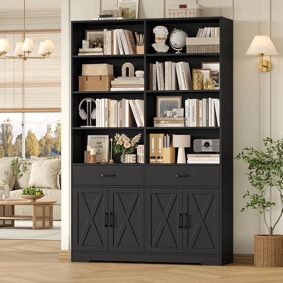 Hiphuta 78" Tall Double Row Bookcase with Drawers and Doors, Farmhouse Large Bookshelf with Cabinets, 47" Wide Cube Organizer for Home Office Living Room, Black