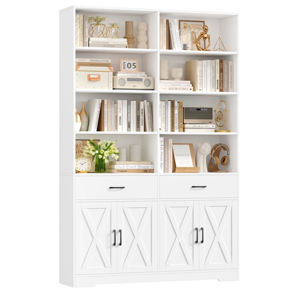Hiphuta 78" Tall Double Row Bookcase with 2 Drawers, Farmhouse Large Bookshelf with Cabinet, Storage Bookcase with Doors for Office Living Room, White