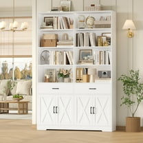 Hiphuta 78" Tall Double Row Bookcase with 2 Drawers, Farmhouse Large Bookshelf with Cabinet, Storage Bookcase with Doors for Office Living Room, White