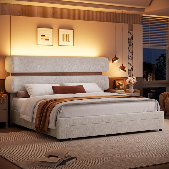 Hiphuta Chenille Queen Bed Frame, Queen Size Upholstered Beds with Storage Drawer and LED, White