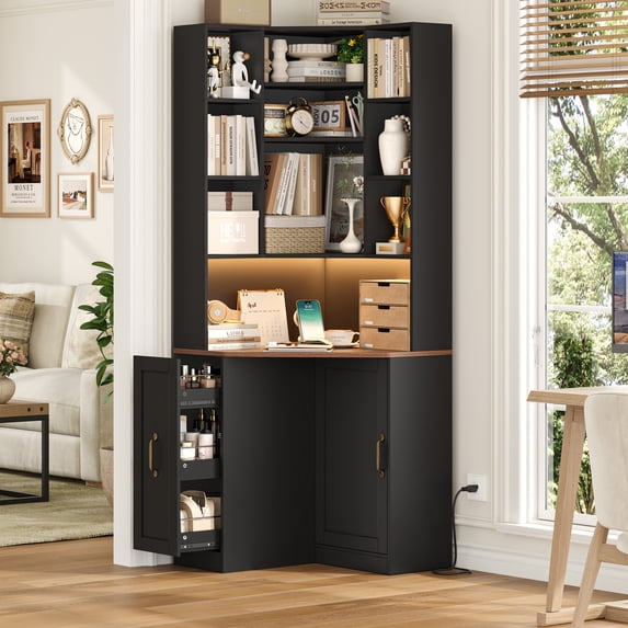 Hiphuta 71" Tall Corner Bookcase with Pull-out Storage Rack, LED Corner Bookshelves with Door and Desktop, and Corner Vanity Cabinet for Home Office Bedroom, Black