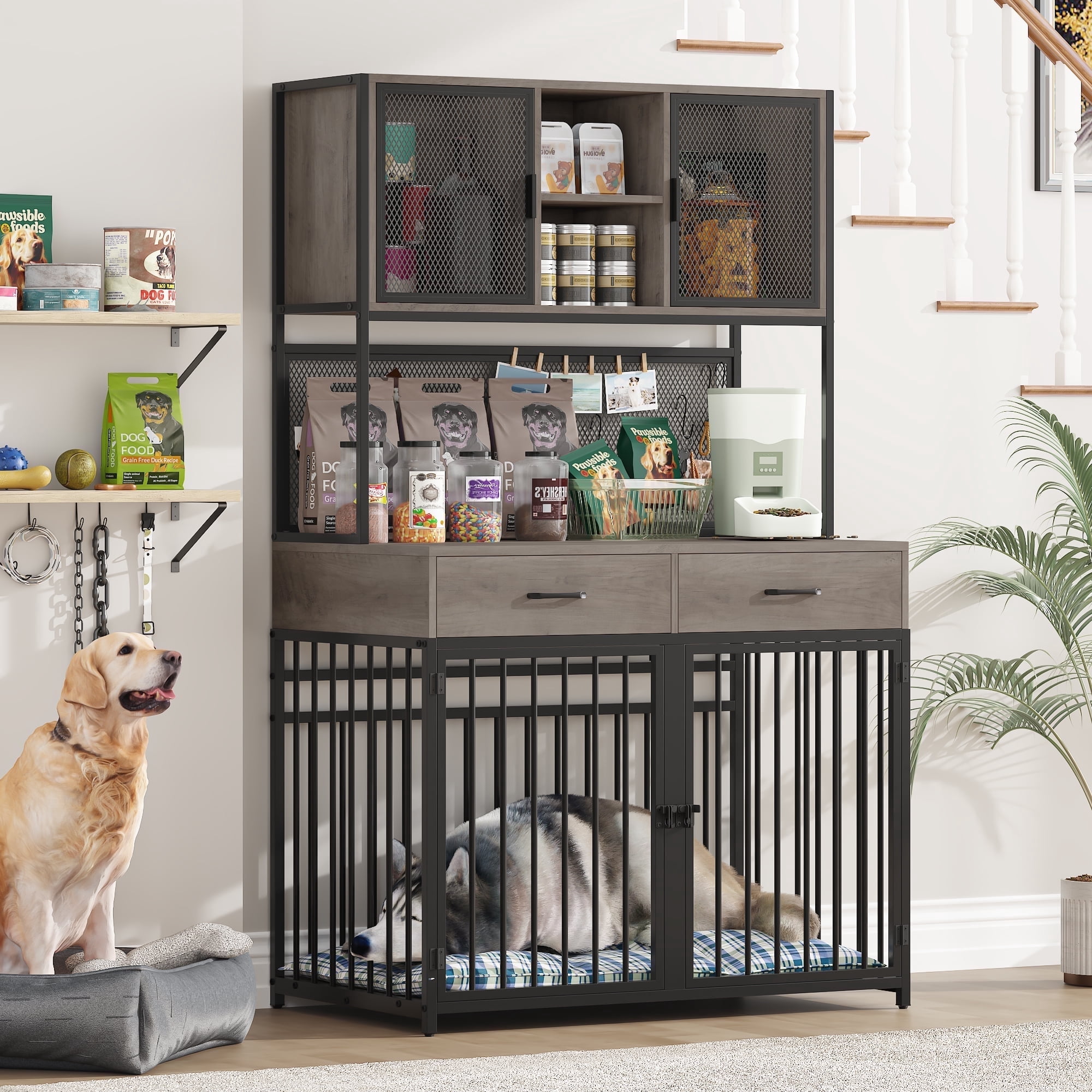 Hiphuta 71" Tall Dog Crates Furniture, Indoor Dogs Kennel Furniture with Hutch, 42"W Dog Cage Furniture for Large/Medium Dogs, Decorative Sturdy Pet House, Ash Gray
