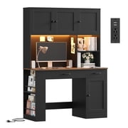 Hiphuta Desk with Hutch Bookshelf & LED Lights, All-in-One Home Office Desk with Charging Outlets and Adjustable Shelves, Study Desk Computer Desk with storage,