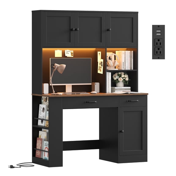 Hiphuta Desk with Hutch Bookshelf & LED Lights, All-in-One Home Office Desk with Charging Outlets and Adjustable Shelves, Study Desk Computer Desk with storage, Black