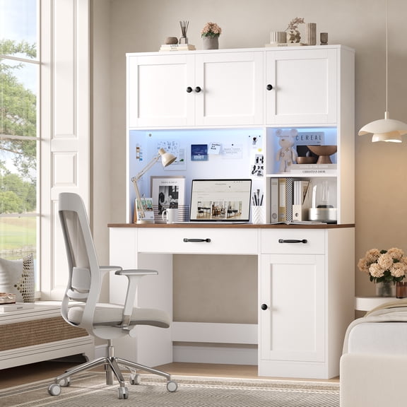 Hiphuta Desk with Hutch Bookshelf & LED Lights, All-in-One Home Office Desk with Charging Outlets and Adjustable Shelves, Study Desk Computer Desk with storage, White