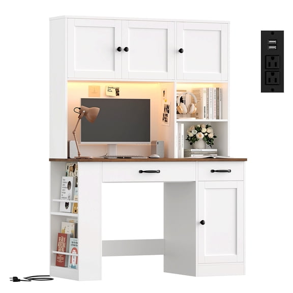 Hiphuta LED Desk with Hutch, Computer Desk with Bookshelves and Charging Station, Study Desk with Storage, White
