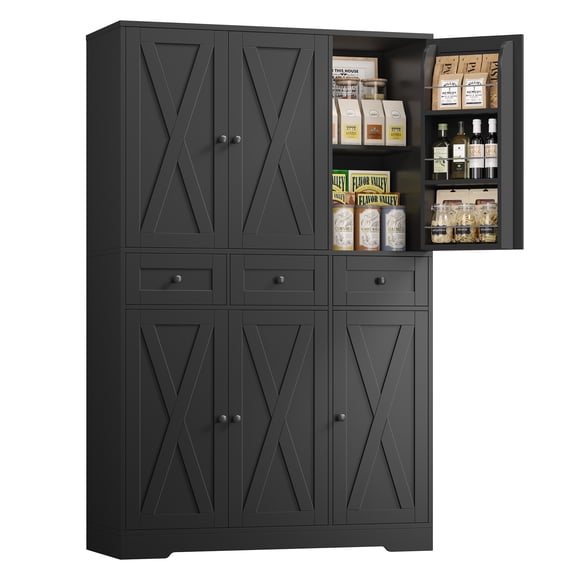 Hiphuta 67" Tall Farmhouse Kitchen Pantry Storage Cabinet with Door Shelves, 43" Wide Large Cupboard Hutch with 3 Drawers, Black