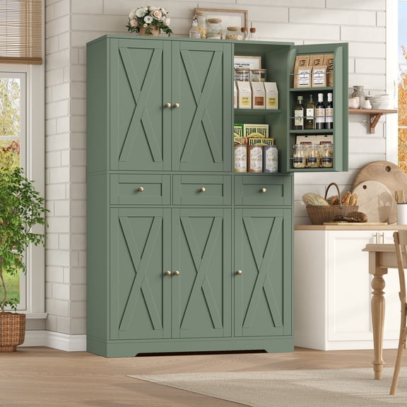Hiphuta 67" Tall Farmhouse Kitchen Pantry Storage Cabinet with Door Shelves, 43" Wide Large Cupboard Hutch with 3 Drawers, Green