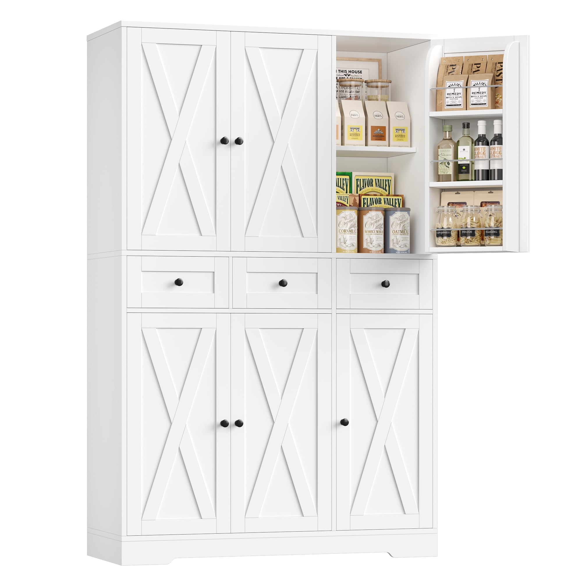 Hiphuta 67" Tall Farmhouse Kitchen Pantry Storage Cabinet with Door Shelves, 43" Wide Large Cupboard Hutch with 3 Drawers, White