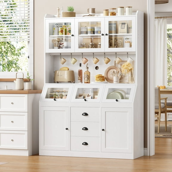 Hiphuta Farmhouse Kitchen Pantry Storage Cabinet, 71”H Freestanding Hutch with 8 Doors and 3 Drawers for Dining and Living Room, White