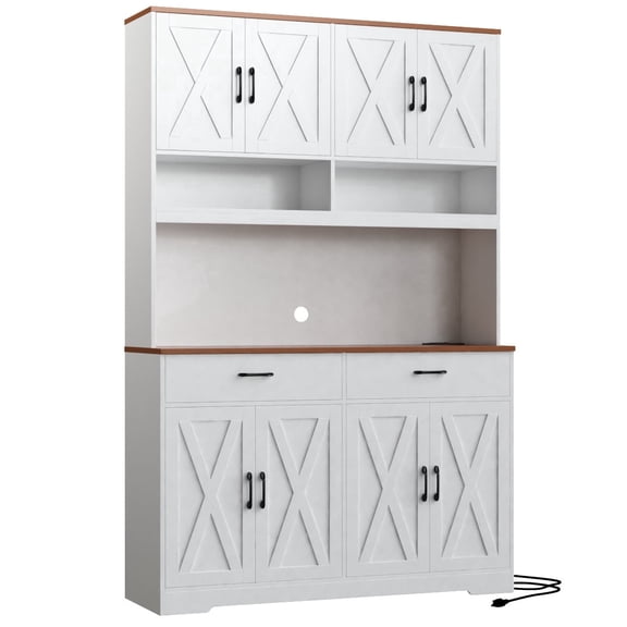 Hiphuta Farmhouse Kitchen Pantry Storage Cabinet, 71”H Freestanding Hutch with 8 Doors and 3 Drawers for Dining and Living Room, White