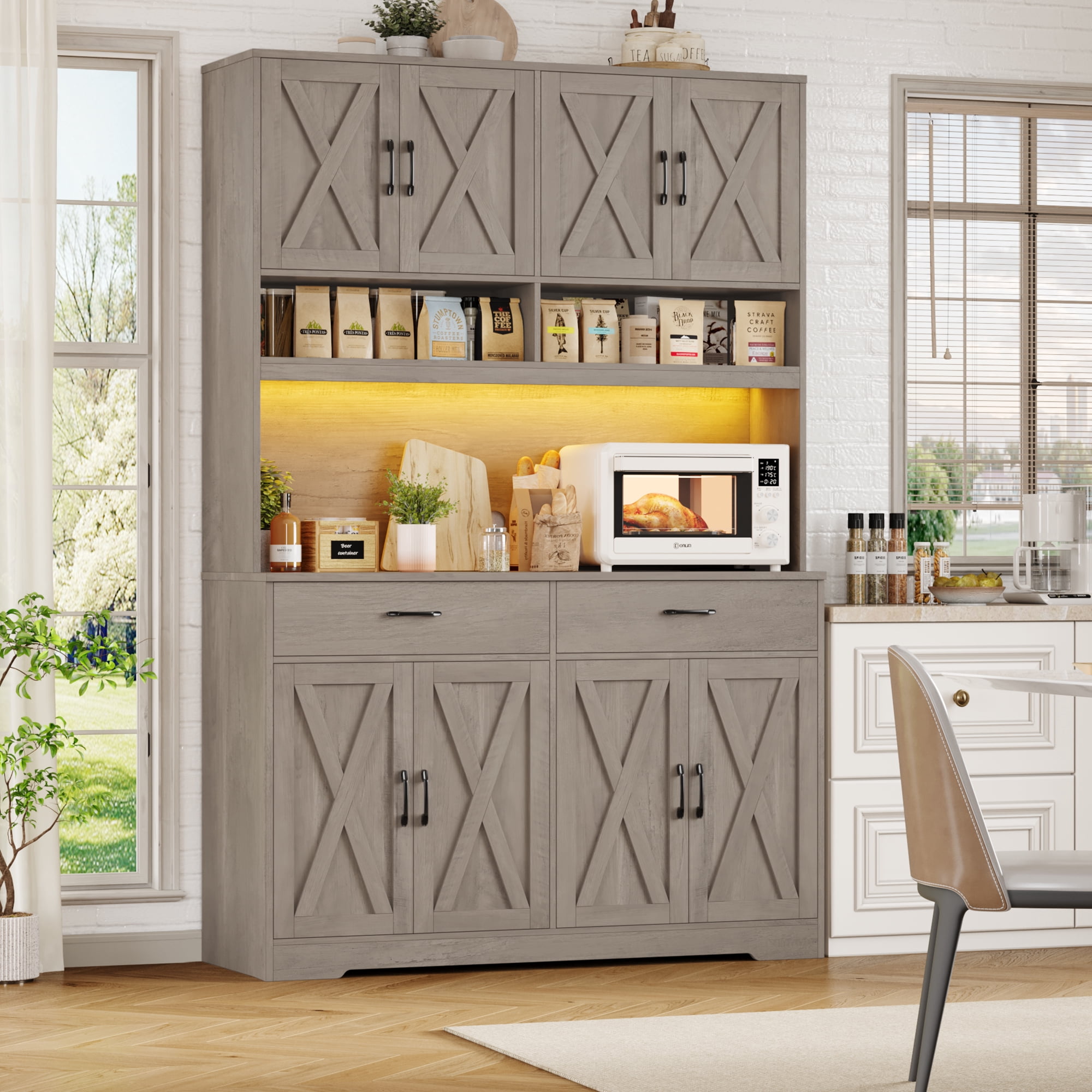 Hiphuta Farmhouse Kitchen Pantry Storage Cabinet, 75”H Freestanding Hutch with 8 Doors and 2 Drawers for Dining and Living Room, Ash Gray