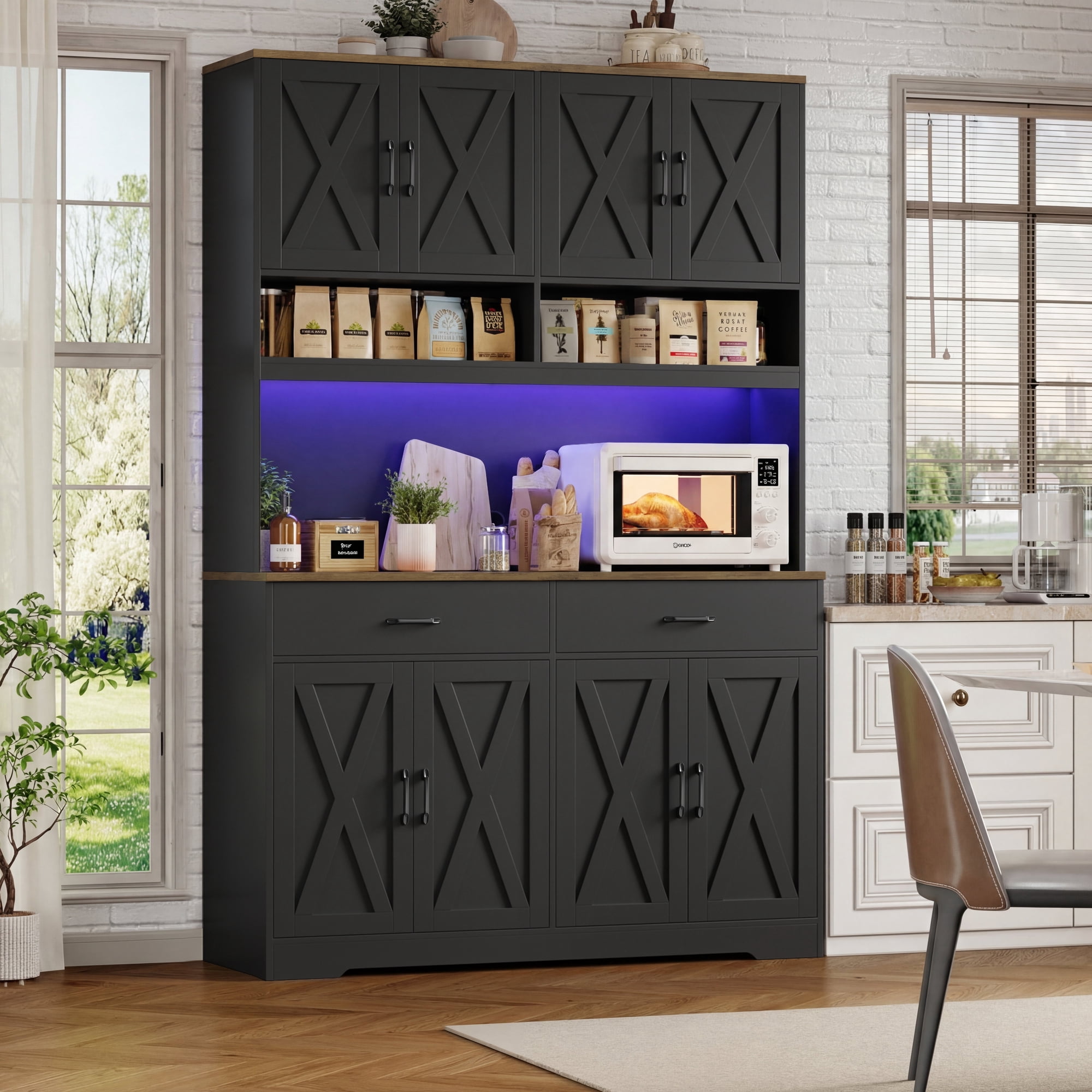 Hiphuta Farmhouse Kitchen Pantry Storage Cabinet, 75”H Freestanding Hutch with 8 Doors and 2 Drawers for Dining and Living Room, Black