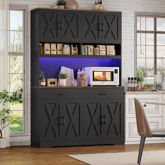 Hiphuta Farmhouse Kitchen Pantry Storage Cabinet, 75”H Freestanding Hutch with 8 Doors and 2 Drawers for Dining and Living Room, Black