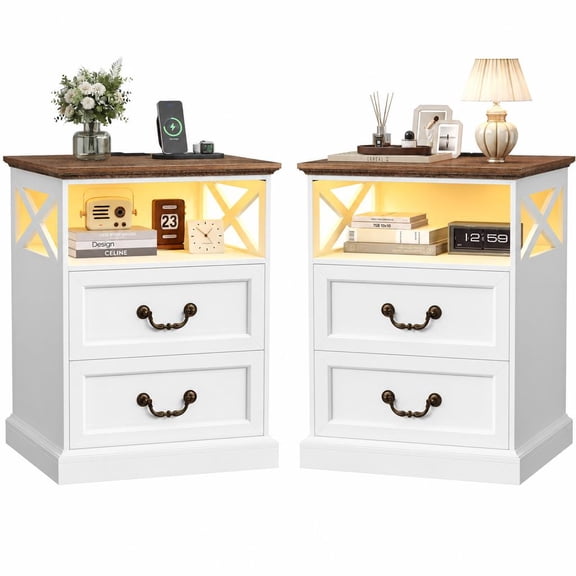 Hiphuta Farmhouse Set of 2 Nightstands with Charge Station, Wood End Table with 3 Drawers for Adult Bedroom, LEDS Bedside Table for Living Room, White