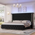 thumbnail image 1 of Hiphuta Full Bed with LED Light, Full Size Platform Bed with Button Tufted Velvet Upholstered Headboard, Black, 1 of 8
