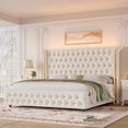 thumbnail image 1 of Hiphuta Full Bed with LED Light, Full Size Platform Bed with Button Tufted Velvet Upholstered Headboard, White, 1 of 8