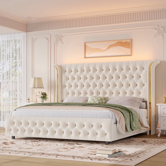 Hiphuta Full Bed with LED Light, Full Size Platform Bed with Button Tufted Velvet Upholstered Headboard, White