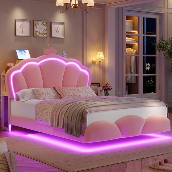 Hiphuta Full Floating Bed Frame with Crown Storage Headboard, Velvet Upholstered Platform Bed with LED Lights & Charging Station, No Box Spring Needed, Pink