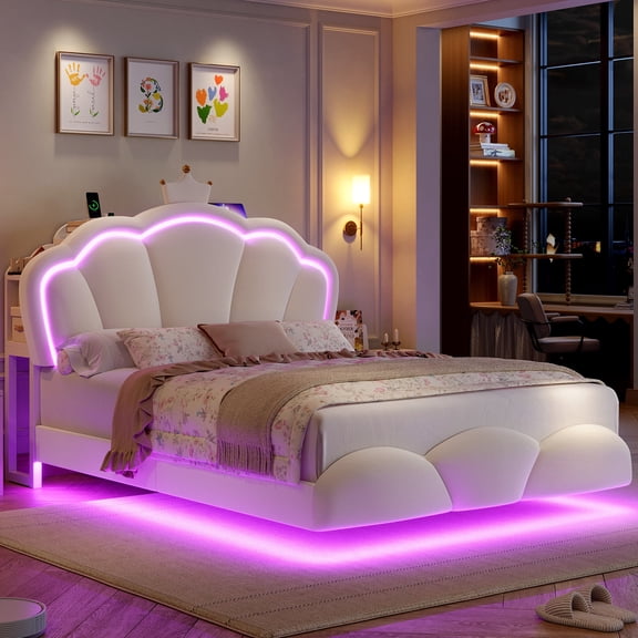 Hiphuta Full Floating Bed Frame with Crown Storage Headboard, Velvet Upholstered Platform Bed with LED Lights & Charging Station, No Box Spring Needed, White
