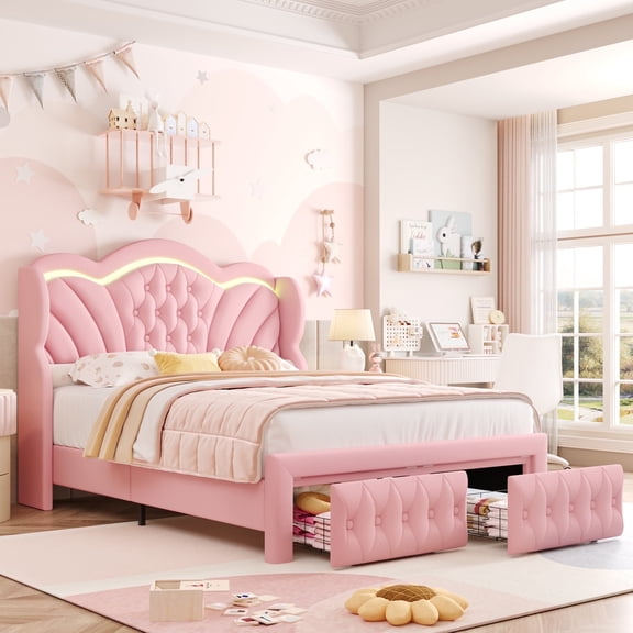 Hiphuta Full Bed Frame with 2 Drawers, LED Lights Platform Bed Frame, Sturdy Beds Frame with Upholstered Button Tufted Headboard, Velvet Pink