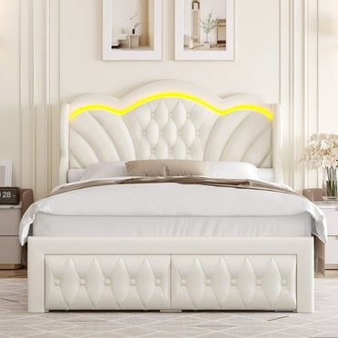 Hiphuta Modern Full Bed Frame with 2 Drawers, LED Lights Platform Bed Frame with Upholstered Button Tufted Headboard, Velvet White
