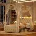 thumbnail image 1 of Hiphuta Twin Size Crown Canopy Bed with Power Outlet & LED, Upholstered Princess Beds with 4 Removable Posts, Twin Bed Frame, White, 1 of 9