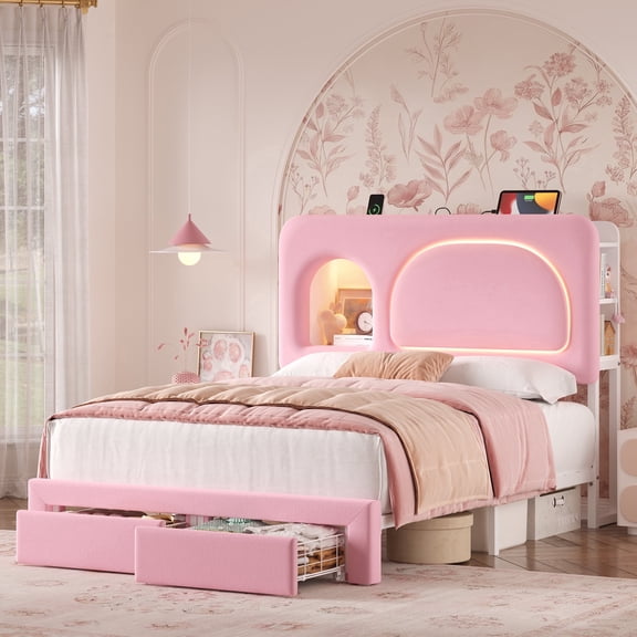 Hiphuta Queen Size Bed Frame with Storage Headboard and 2 Drawers, Velvet Upholstered Platform Bed with RGB LED and Power Outlets, Pink