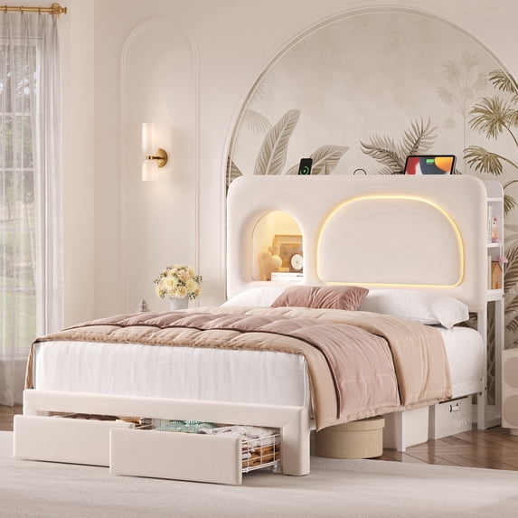 Hiphuta Queen Size Bed Frame with Storage Headboard and 2 Drawers, Velvet Upholstered Platform Bed with RGB LED and Power Outlets, White