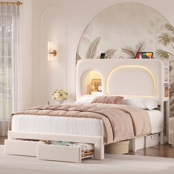 Hiphuta Full Size Bed Frame with RGB LED and Power Outlets, Velvet Upholstered Platform Bed with Drawers and Side Storage, White