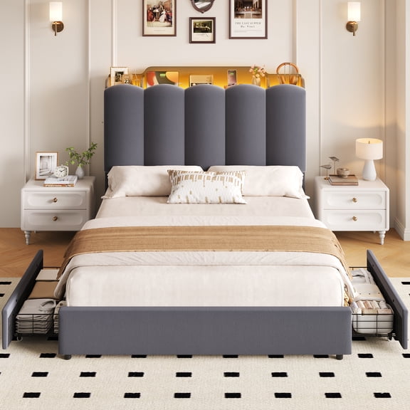 Hiphuta Full Size Bed Frame with Storage Headboard and Side Storage Shelves, Upholstered LED Platform Bed with 2 Drawers and Charging Station, Gray