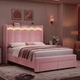 thumbnail image 1 of Hiphuta Full Size Bed with Power Outlet & LED, Upholstered Princess Beds with Drawer, Full Beds with Headboard Storage, Pink, 1 of 8